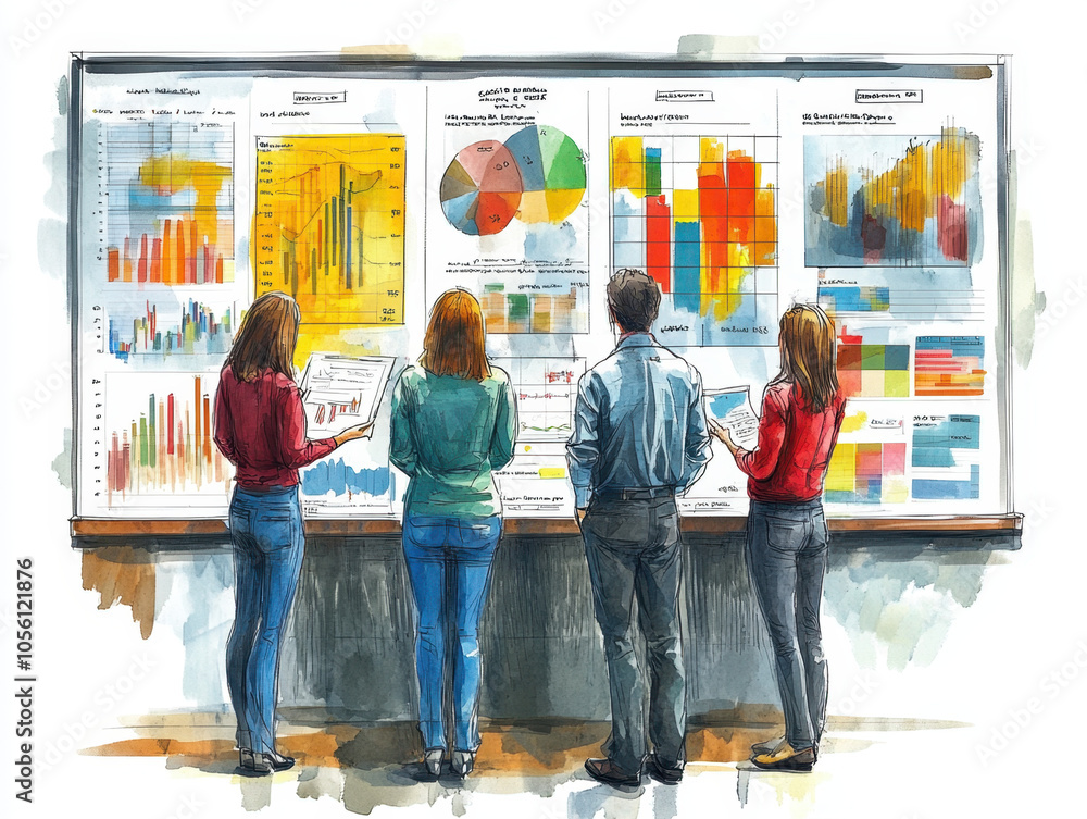 Aufkleber a group of four individuals analyzes colorful charts and graphs on a wall, engaged in a discussion a