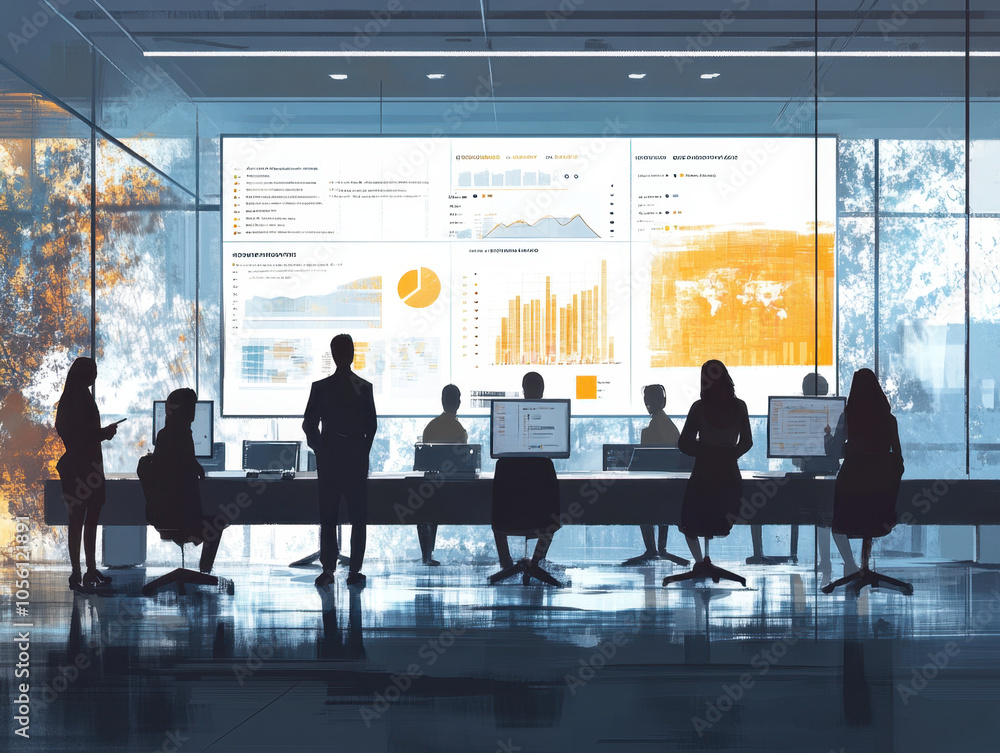 Aufkleber a modern meeting room with silhouettes of professionals discussing data displayed on a large screen,