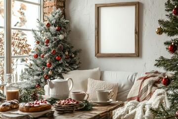 Fototapeta premium white empty frame cristmas decorations