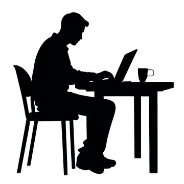 recommend clip art: a man browsing laptop sitting on the chair in front of table, vector silhouette