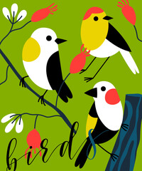 Postcard with birds. Postcard concept. Template for card. Vector illustration on green background
