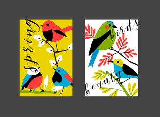Set of postcard templates with birds and text. Vector illustration with concept