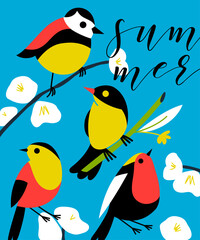 Postcard with colorful birds on blue background. Postcard concept. Template. Vector illustration
