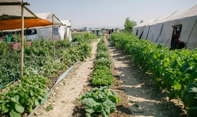 Dirt path between rows of leafy plants and tents.
