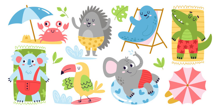 Set of cute animals taking rest and relaxing on sunny summer beach enjoying vacation time holidays