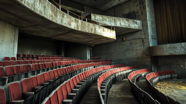 Cold, empty brutalist theater with exposed concrete balconies and stark, angular seating, creating an oppressive, alienating atmosphere. . Video