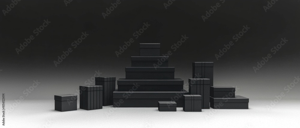 Poster a stack of black boxes with a dark background