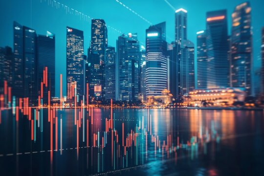 Stock market bar chart with modern city skyline, symbolizing finance and investment concepts - Powered by Adobe