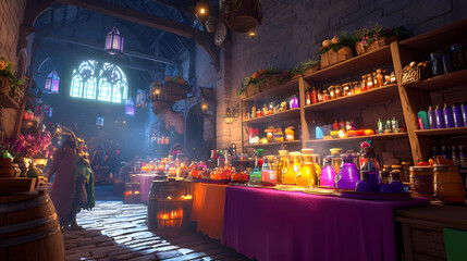 A Bustling Marketplace in a Fantastical Realm Filled with Enchanted Items and Colorful Potions