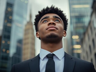 Fototapeta premium Young man in a suit gazing upwards in an urban landscape