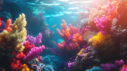 A Vibrant Underwater World Radiating Colorful Hues and Glowing Corals, Teeming with Diverse Marine Life