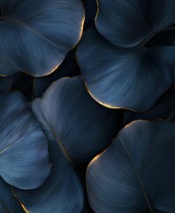 Dark blue leaves with golden edges create an elegant botanical pattern