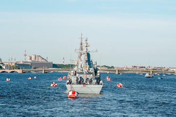 Amazing view of the Neva river canal in the city center with tourist excursion boats and the...