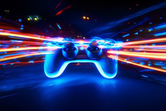 Vibrant neon streaks surround a video game controller in a dynamic gamer environment