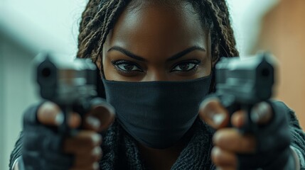 Dangerous woman in black balaclava wearing khaki hoodie is holding gun, aiming at camera. Gray background