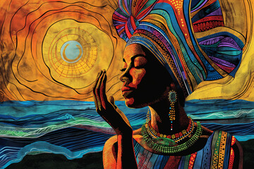 African folk print illustration, African woman in headscarf against sunset sky background