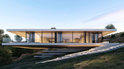 Obraz premium Modern, minimalistic house with a flat roof, large glass windows, and an elevated foundation. The structure is surrounded by greenery against a clear sky at dusk.