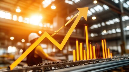 Trends in industrial growth with rising graphs in a factory environment during sunset hours