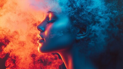 Side profile of a woman in dramatic lighting with orange and blue smoke