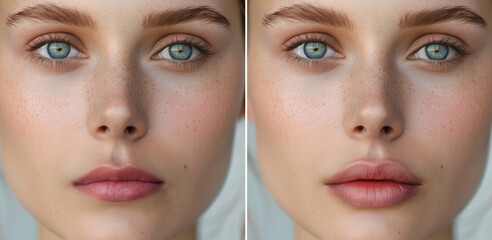 Before and after lip filler injections. Lip augmentation close-up. Plastic surgery.	