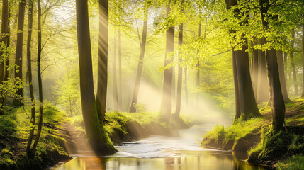 Obraz premium Serene forest landscape with sunlight filtering through trees, peaceful river, nature conservation theme