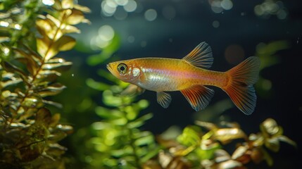 Fototapeta premium Colorful fish swimming amidst lush aquatic plants in a freshwater aquarium