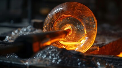 Skilled glassblower shapes hot molten glass in a fiery furnace, creating a handmade object with intricate details and mesmerizing orange glow