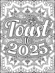 Happy New Year Quote Coloring Page for Adults. New Year Mandala Quote Coloring Page.