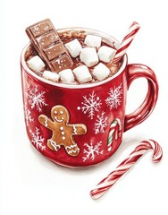 Cute Christmas clip art, hot cocoa with marshmallows and a chocolate bar in a red mug decorated with a gingerbread man