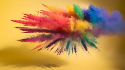 Fototapeta premium Colorful dust particles over yellow background with hand shadow