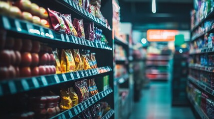 Aisle of snack products in a supermarket with blurred background