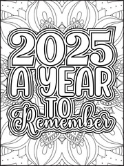 Happy New Year Quote Coloring Page for Adults. New Year Mandala Quote Coloring Page.
