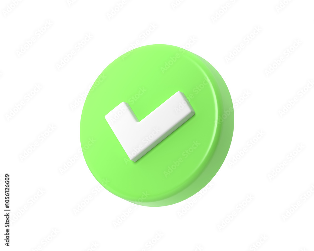 Poster a 3d realistic green tick checkmark inside a round interface button, symbolizing confirmation or cor
