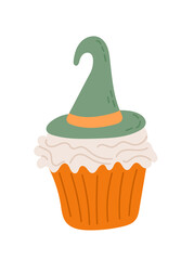Cupcake decorated with a swirl of frosting topped with a green witch hat, creating a fun and festive Halloween treat. Vector hand drawn illustration isolated on white background