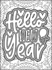 Happy New Year Quote Coloring Page for Adults. New Year Mandala Quote Coloring Page.