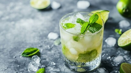 A refreshing glass of lime and mint cocktail with ice on a gray background.