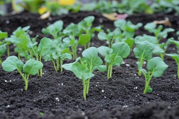 Obraz premium Young cabbage seedlings thrive in rich soil during a sunny spring afternoon. Generative AI