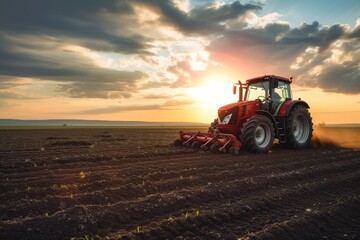 Fototapeta premium Agricultural Tractor Working in Field Under Dramatic Sky