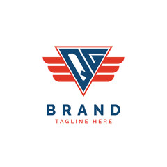 Patriotic QG Logo Initials. Letter QG Winged Logo. Red and Blue Triangle QG with Wing for Aviation, Delivery Services, Sports, Military and Security Agencies
