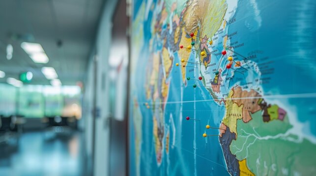 Colorful push pins are marking visited countries on a world map hanging on a wall. The map is showing countries and continents with a blurred office in the background