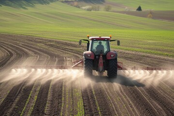 Farmer drives tractor through fields for crop preparation