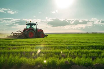Tractor spreads grass seeds across vibrant green field