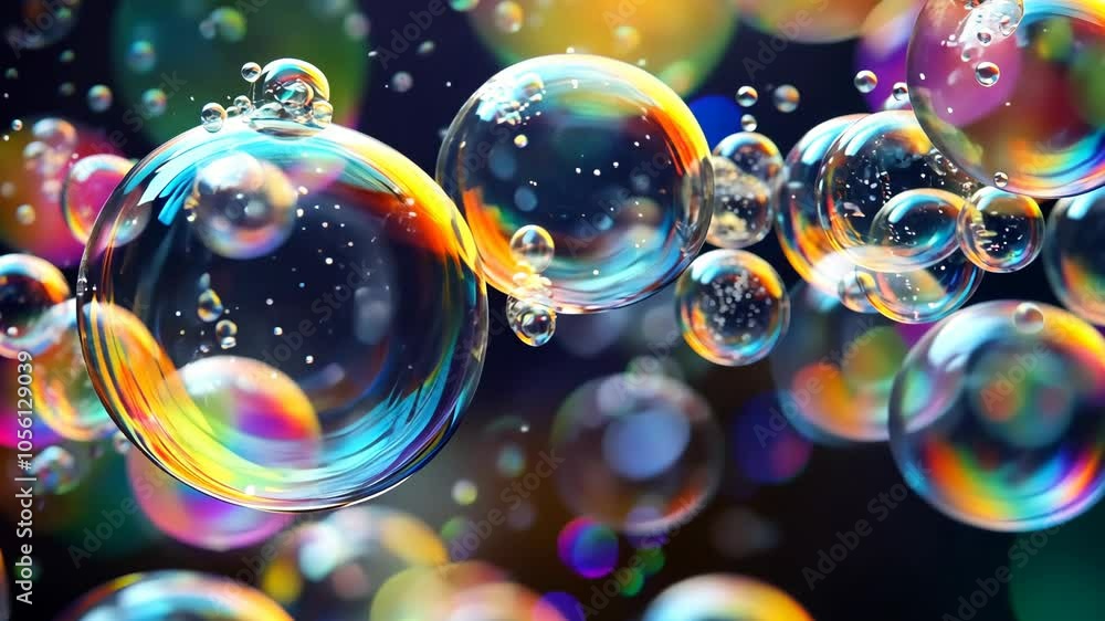 Poster many colorful soap bubbles float in the air against a dark background