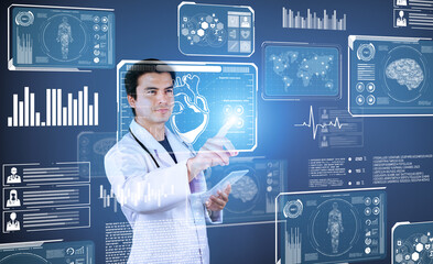 Doctor pointing at human organ hologram while checking medical data and analyzing data. Professional healthcare worker with lab coat and stethoscope managing data for taking care patient. Ingenuity.