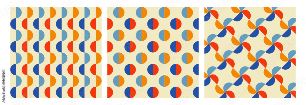 Aufkleber Retro groovy trendy geometric seamless patterns with semicircles and circles texture. Christmas abstract backgrounds set. Red, blue, beige and yellow colors. Vector illustration