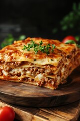 Delicious Homemade Lasagna Layered With Meat, Cheese, and Herbs Served on a Rustic Wooden Plate in a Cozy Kitchen Setting
