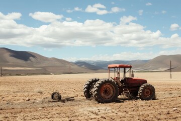 Obraz premium Abandoned tractor in a desolate desert field with clear skies