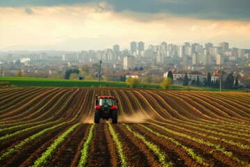 Tractor working on city outskirts with a view of planted rows