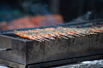 Prawns on Barbecue For Street Food In The Center Of Singapore