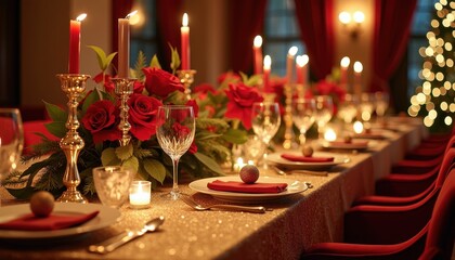 Glamorous holiday banquet table adorned with glittering accents luxurious fabrics and festive decor for a lavish dinner party.